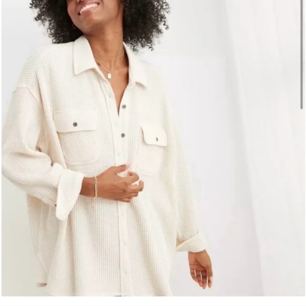 Aerie Lumber Jane Cream Waffle Knit Longsleeve Shirt Medium